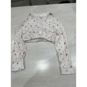 Sky to Moon Floral Crop Top‎ Long Sleeve Blouse White Orange Size M
